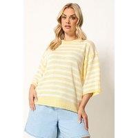 Yours Curve Stripe Short Sleeve Knitted Crew - Yellow