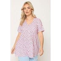 Yours Curve Printed Broderie V Neck T-Shirt - Pink