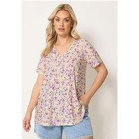 Yours Curve Printed Broderie V Neck T-Shirt - Purple