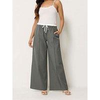 Pixiegirl Petite Contrast Waist Pintuck Wide Leg Trousers - Grey