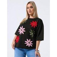 Yours Curve Floral Knit Boxy Top - Black