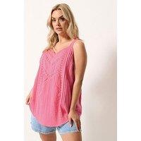 Yours Curve Crochet V-Neck Insert Cami Top - Pink