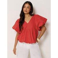 Pixiegirl Petite Puff Sleeve Hem Top - Red