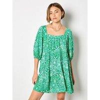 Apricot Floral Large Scale Tile Print Tiered Mini Dress - Green