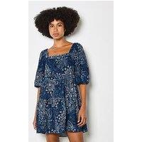 Apricot Floral Large Scale Tile Print Tiered Mini Dress - Blue
