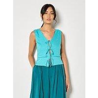 Apricot Tie Front Linen Blend Sleeveless Top - Blue
