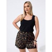 Yours Curve Leopard Print Lace Hem Short - Brown