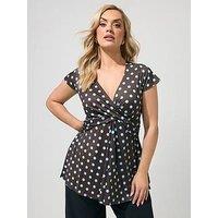 Yours Curve Polka Dot Front Ity Top - Brown