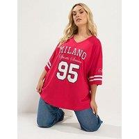 Yours Curve Varsity Placement V-Neck Boxy T-Shirt - Red