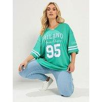 Yours Curve Varsity Placement V-Neck Boxy T-Shirt - Green