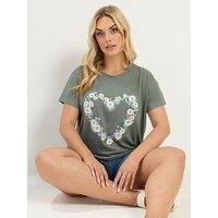 Yours Curve Daisy Heart T-Shirt - Green