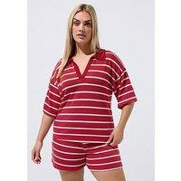 Yours Curve Stripe Rugby Collar Top - Red