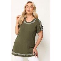 Yours Curve Embroidered Cold Shoulder Top - Green
