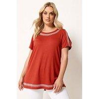 Yours Curve Embroidered Cold Shoulder Top - Orange