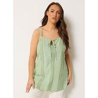Yours Curve Tie Front Crochet Cami Top - Green
