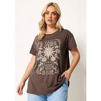 Yours Curve Printed Placement Core T-Shirt - Brown
