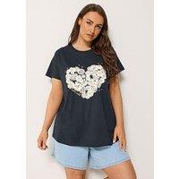 Yours Curve Printed Placement Core T-Shirt - Blue
