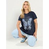 Yours Curve Printed Placement Core T-Shirt - Blue