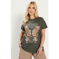 Yours Curve Printed Placement Core T-Shirt - Green