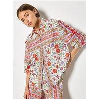 Apricot Border Floral Scarf Print Satin Shirt - Orange