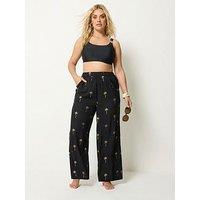 Yours Curve Foil Palm Tree Beach Trousers - Black