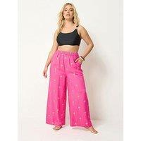 Yours Curve Foil Palm Tree Print Beach Trousers - Pink