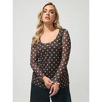 Yours Curve Polka Dot Mesh Top - Brown