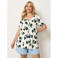 Yours Curve Printed Button Front Swing T-Shirt - Cream
