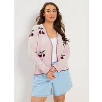Yours Curve Cherry Print Scallop Cardigan - Pink