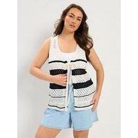 Yours Curve Crochet Striped Tie Front Overlayer - White