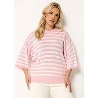 Yours Curve Stripe Short Sleeve Knitted Crew - Pink