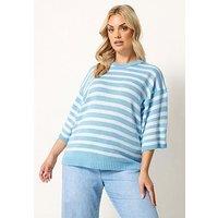 Yours Curve Stripe Short Sleeve Knitted Crew - Blue