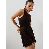 Mango Embroidered Co-Ord Openwork Shorts - Brown