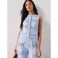 Mango Embroidered Co-Ord Openwork Knit Gilet - Blue