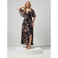 Yours Curve Floral Mesh Maxi Dress - Brown