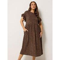 Yours Curve Animal Print Frill Midaxi Dress - Brown