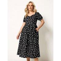 Yours Curve Polka Dot Short Puff Sleeve Midaxi Dress - Black
