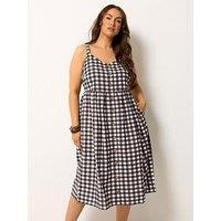 Yours Curve Chocolate Gingham Print Linen Dress - Brown