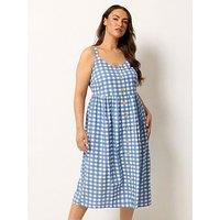 Yours Curve Gingham Print Linen Button Detail Sundress - Blue