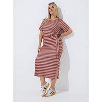 Yours Curve Stripe Print Ribbed Knot Dress - Pink