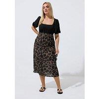 Yours Curve Leopard Mix Detail Dress - Brown
