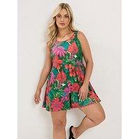Yours Curve Printed Textured Smock Playsuit - Red