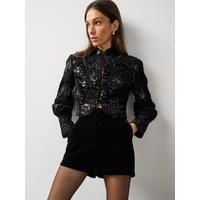 Michelle Keegan Womens Sequin Embroidered Cropped Velvet Jacket - Black