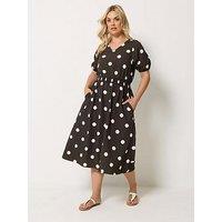Yours Curve Textured Polka Dot Smock Midaxi Dress - Brown