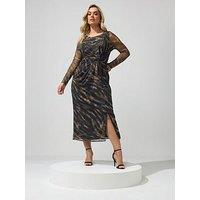 Yours Curve Zebra Side Knot Dress - Brown