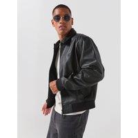 Calvin Klein Jeans Mens Faux Leather Zip-Through Ribbed Bomber Jacket - Black