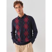 Tommy Hilfiger Placed Argyle Longsleeve Knitted Polo Shirt - Navy