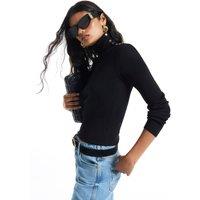 River Island Womens Rib Roll Neck Button Detail Top - Black