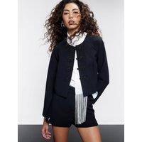River Island Womens Lightweight Outerwear Mandarin Trim Floral Fastening Cropped Jacket - Black