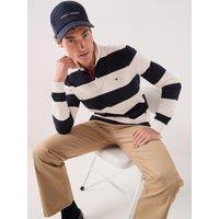 Tommy Hilfiger Men'S Long Sleeve Striped Rugby Polo Shirt - Light-Cream/Navy